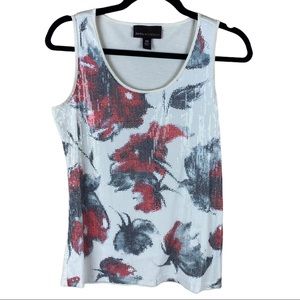 Dana Buchman Roses Embellished Sequin Tank Top Womens XS White Red Black